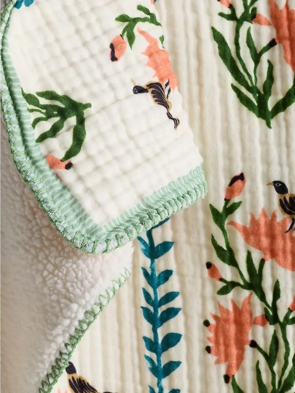Anthropologie Gauze Cotton Sherpa Floral Printed Throw Blanket